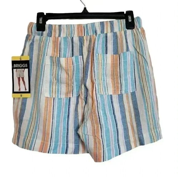 Briggs Women's White/Aqua/Orange Linen/Rayon Drawstring Cuffed Shorts w Pockets - Picture 6 of 12